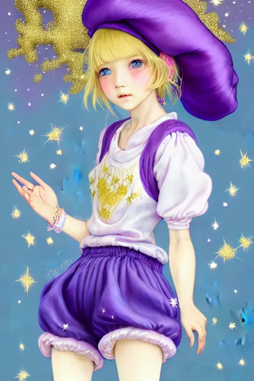 Image similar to Full View fairy maiden with short blond hair wearing an oversized purple Beret, Baggy Purple overall shorts, Short Puffy pants made of silk, silk shoes, a big billowy scarf, Golden Ribbon, and white leggings Covered in stars. covered in embroidery. Short Hair. peasant magic. masterpiece 4k digital illustration by Ruan Jia and Mandy Jurgens and Artgerm and william-adolphe bouguereau, award winning, Artstation, art nouveau aesthetic, Alphonse Mucha background, intricate details, realistic, panoramic view, Hyperdetailed, 8k resolution, intricate art nouveau