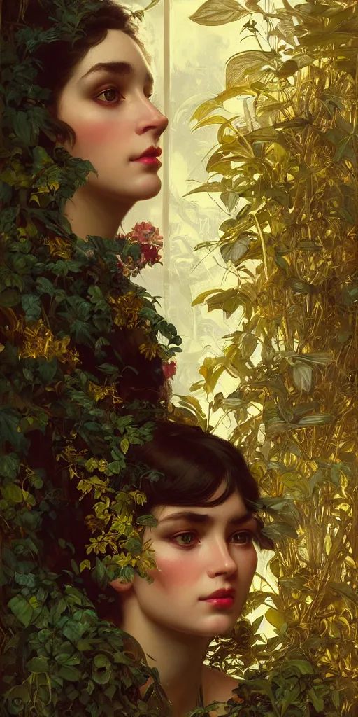 Image similar to hyper realistic photographer looking through a vintage medium format camera, design on white background, beautiful details, lush foliage cyberpunk, gold, drawn by john singer sargent, tom bagshaw, norman rockwell, alphonso mucha, lolish, trending on artstation