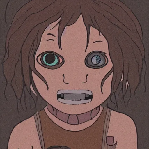 Image similar to a dark brown humanoid, hyper detailed, in the style of studio ghibli and and studio ghibli and studio ghibli, selfie