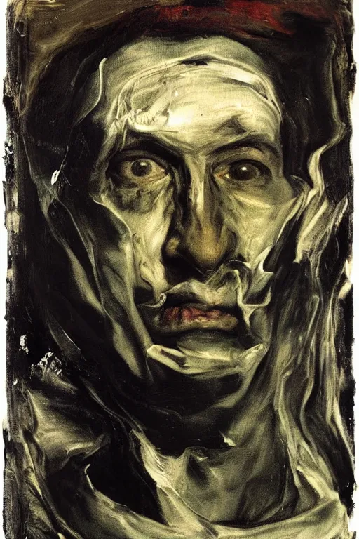 Prompt: menacing portrait of medici emerging from the dark void, lonely figure in the darkness, painted by Adrian Ghenie El Greco, painted by Lucian Freud, polaroid, Renaissance, John Singer Sargant, glitch