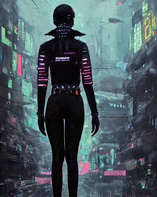 Prompt: detailed portrait Neon guard girl with short dark hair seen from the back, cyberpunk futuristic, reflective puffer jacket, black leggings, decorated with traditional ornaments in front of a dystopian crowd with piles of garbage by Ismail inceoglu dragan bibin hans thoma, Perfect face, fine details, realistic shaded, fine-face, pretty face