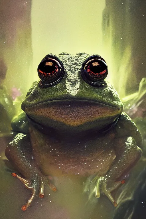 Prompt: A fancy portrait of a crystalized frog by Greg Rutkowski, beeple, Sung Choi, Mitchell Mohrhauser, Maciej Kuciara, Johnson Ting, Maxim Verehin, Peter Konig, final fantasy, macro lens , 8k photorealistic, cinematic lighting, HD, high details, dramatic, dark atmosphere, trending on artstation