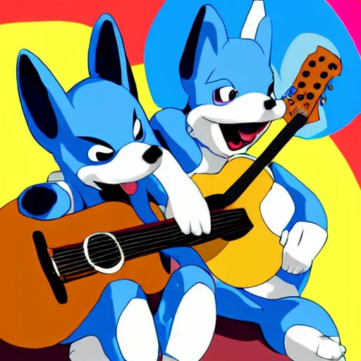 Image similar to lucario and k. K. Slider playing guitar at Woodstock, portrait full body, digital art, high quality, beautiful colors, mesmerizing