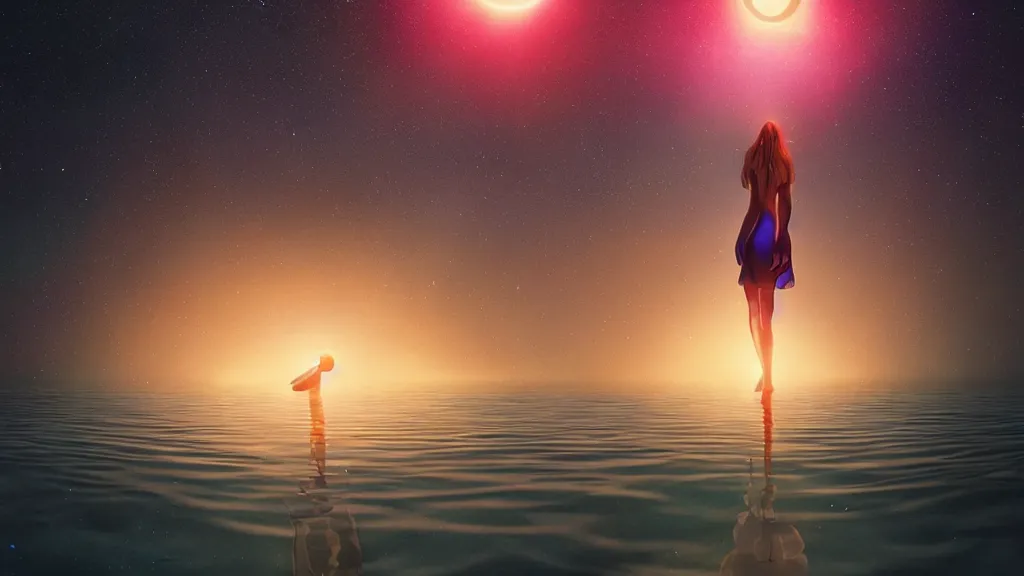 Prompt: a beautiful whimsical woman standing in a lake basking in the moonlight, underneath a multi-colored binary blackhole with an accretion disc, timelapse, by Lois van Baarle, by Greg Rutkowski, by artgerm, by beeple, cinematic angle, volumetric lighting, 4k resolution, octane render, trending on artstation, masterpiece