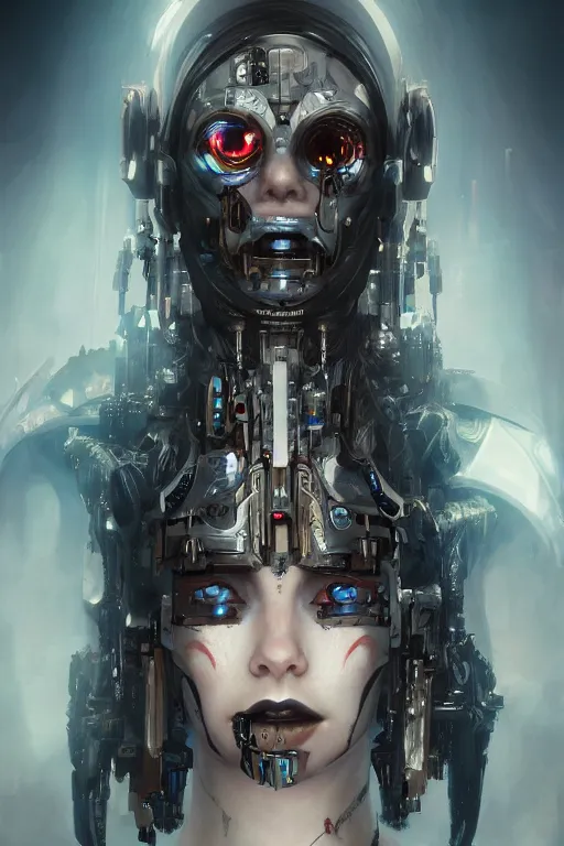 Image similar to portrait of beautiful young gothic cyborg maiden, cyberpunk, Warhammer, highly detailed, artstation, illustration, art by Gustav Klimt