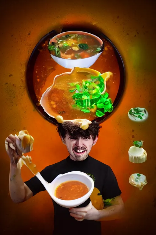 Image similar to 📷 jacksepticeye bathing in soup, made of food, head portrait, dynamic lighting, 4 k