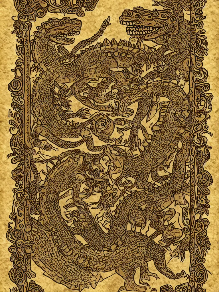 Image similar to pre - columbian mesoamerican book decorative border frame, crocodile illuminations, d & d, fantasy, intricate, elegant, highly detailed, digital painting, artstation, illustration, hearthstone