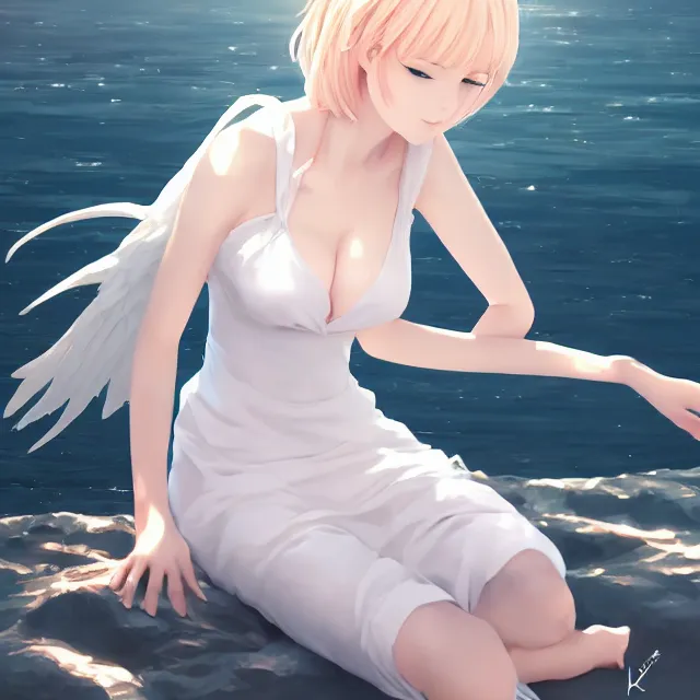 Image similar to infinitely detailed full - body portrait pale female peaceful dream angel wearing elegant clothes. beautiful! scenery art! by wlop & murata range, by ilya kuvshinov. artstation!! / pixiv!!