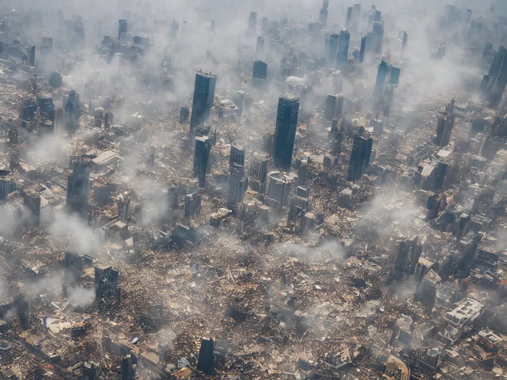 Prompt: pieces of giant skyscrapers falling from the clouds mid air shot, with debris and destruction falling from sky, mid air, debris flying around