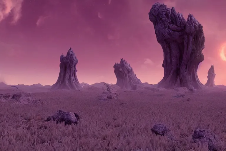 Image similar to a grotesque alien landscape, purple sky and weird alien structures, cinematic, unreal engine 5