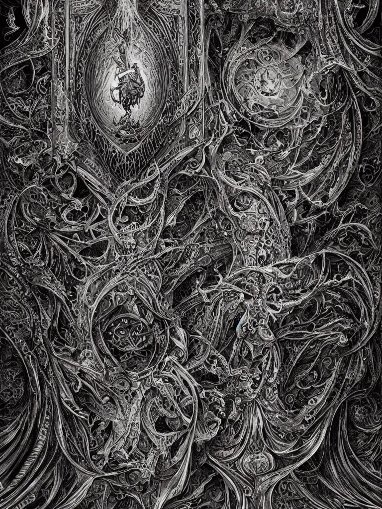 Prompt: The Abyss tarot card, Gothic aesthetic, cardstock, detailed linework, geometrical shapes, mandelbulb fractal, insanely detailed and intricate vibrant black line work, golden ratio, elegant, ornate, horror, elite, ominous, haunting, matte painting, cinematic, cgsociety, vivid and vibrant, black paper, ornate, symmetrical, arcane tarot card, ink illustration, in the style of peter mohrbacher, beksinski and Yoshitaka Amano in style of Midjourney