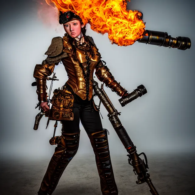 Image similar to full length photo of a beautiful steampunk warrior with a flamethrower, 8 k, hdr, smooth, sharp focus, high resolution, award - winning photo