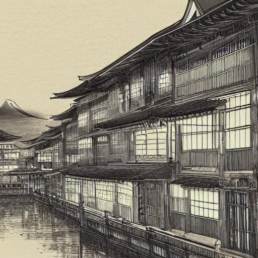 Image similar to a beautiful ink painting of buildings in japanese traditional style, in the style of hiroshi yoshida, at night, light effect, detailed, high - definition, exquisite isolated very detailed, moody lighting, 8 k highly detailed, trending on artstation