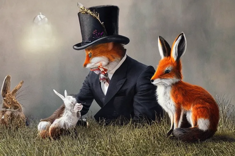 Prompt: . the fox in the top hat whispered into the ear of the rabbit. photo - realistic hd, hyperrealism, colourful, highly detailed, cinematic, luminescence, 3 2 k, dop, high contrast, intricate, mystery, epic, fantasy