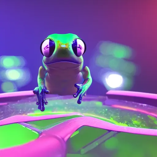 Prompt: frog sitting in the middle of spaceship ; hi - tech ; vaporwave ; unreal engine, wide angle