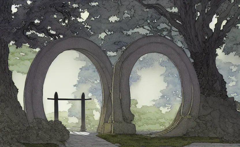 Image similar to a hyperrealist watercolour concept art of a dimensional time portal in the shape of an arch of trees. a medieval monk in grey robes is in the foreground. a japanese temple is in the background. very muted colors, post grunge, by rebecca guay, michael kaluta, charles vess and jean moebius giraud. high detail, hq, wide shot, 4 k