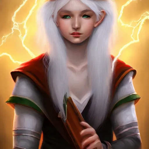 Image similar to Beautiful white haired aged fair skinned scholar elf with spell scroll and lightning background, realism, digital painting, detailed artwork, portrait, mythical, artstation