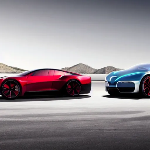 Prompt: a new concept car by tesla and bugatti