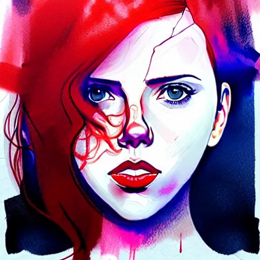 Prompt: phil noto, pretty scarlett johansson black widow, symmetrical eyes, long red hair, full body, city rooftop by agnes cecile, very luminous design, pastel colours, ink drips, autumn lights