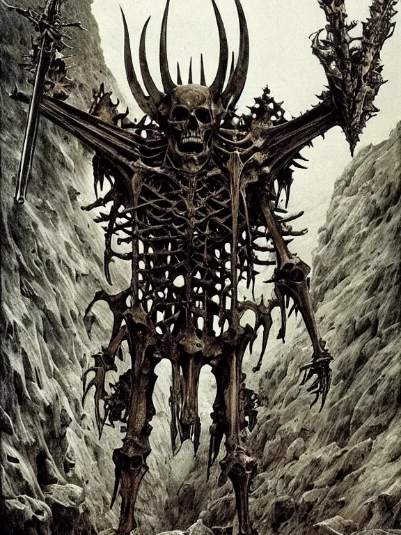 Prompt: A spiked horned skeleton with armored joints stands in a large cave with a huge weapon. Extremely high detail, realistic, fantasy art, solo, masterpiece, bones, skull, ripped flesh, art by Zdzisław Beksiński, Arthur Rackham, Dariusz Zawadzki