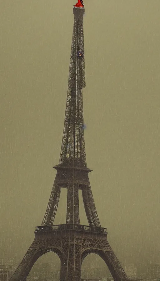 Prompt: eiffel tower in the rain, by hasui kawase, silent, loneliness, cinematic composition