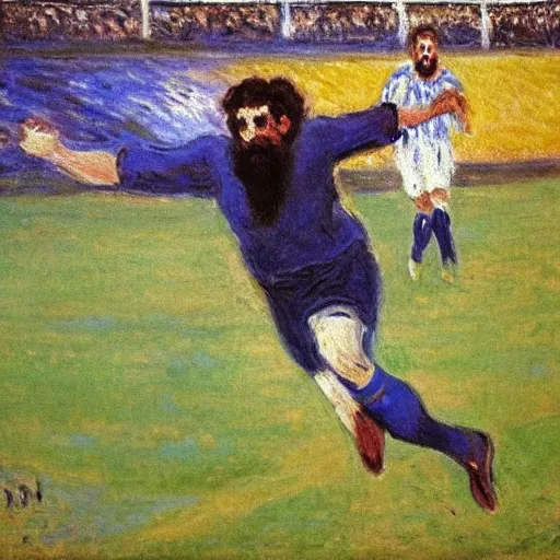 Prompt: monet painting of a shortbearded man celebrating a goal, soccer, wearing a caps, colorful, highly detailed, realistic,