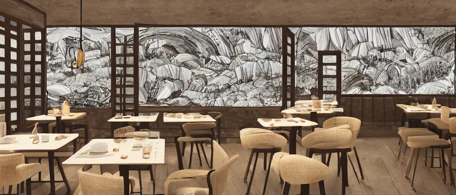 Image similar to a beautiful interior view illustration of a small roasted string hotpot restaurant of baota mountain in yan'an city, animation illustrative style, from china, restaurant wall paper is a high tower on a mountain, rectangle white porcelain table, black chair, simple style structure decoration design, victo ngai, james jean, 4 k hd