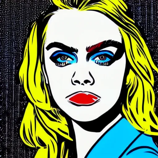 Prompt: pop art portrait of cara delevingne by roy lichtenstein and warhol