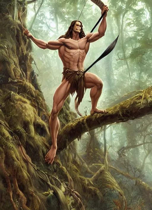 Prompt: A beautiful digital painting of tarzan in the mirkwood forrest holding a bow and arrow looking at the camera by Stanley Artgerm Lau, frank frazetta, Rossdraws, James Jean, gerald brom, Andrei Riabovitchev, Marc Simonetti, and Sakimichan, trending on artstation