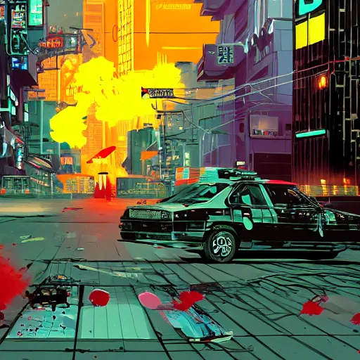 Prompt: 1991 Isometric Video Game Screenshot, Anime Neo-tokyo Cyborg bank robbers vs police shootout, bags of money, Police officer hit, Bullet Holes and Blood Splatter, Hostages, Smoke Grenade, Cyberpunk, Anime VFX, Violent, Action, Fire fight, FLCL, Free-fire, Highly Detailed, 8k :4 by Katsuhiro Otomo + Studio Gainax + Arc System Works : 8