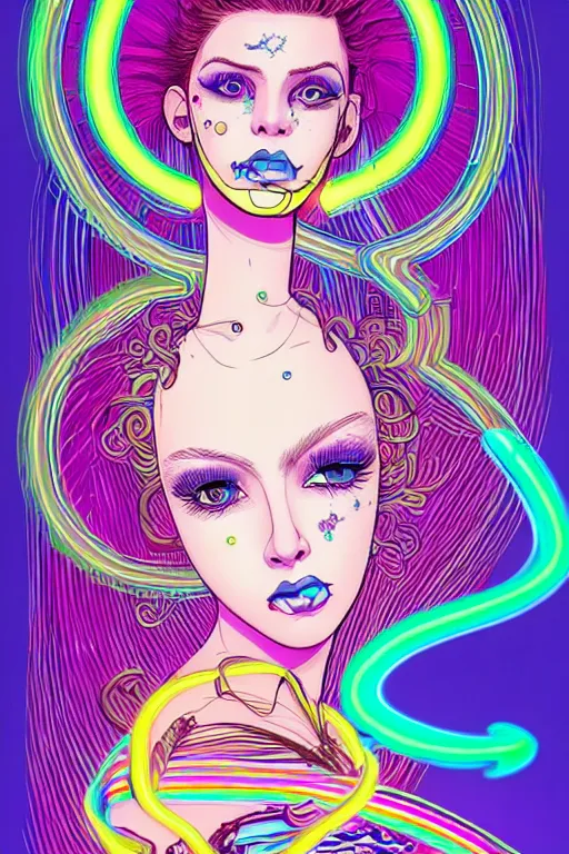 Image similar to a award winning portrait of a beautiful woman with stunning eyes in a one off shoulder croptop and cargo pants with rainbow colored hair, outlined by whirling illuminated neon lines and fine lines swirling in circles by joe fenton, digital art, trending on artstation