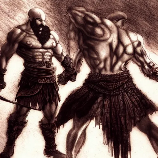 Prompt: god of war, kratos, fight scene still, manga, detailed drawing, featured on pixiv, gothic art, official art, by kentaro miura