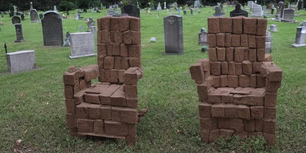 Prompt: Haunted Chair made out of bricks in a cemetery