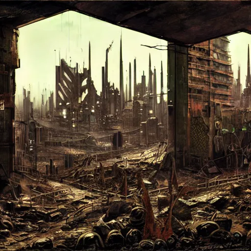 Image similar to photorealistic color image of 1970s science fiction Dark Souls concept art of abandoned cyberpunk underground city by, Bruegel, and Giger