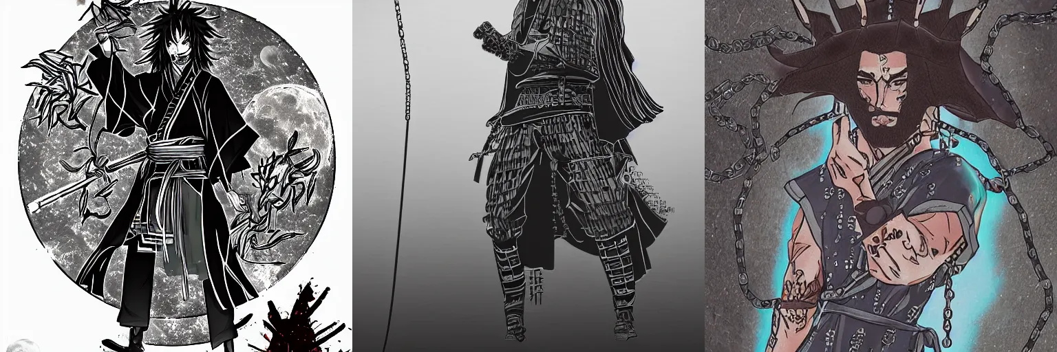 Prompt: '2D graphic design , samurai vagabond manga man chains , staying on bodies full moon background artstation wallpaper style '