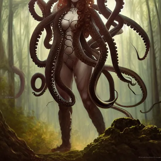 Image similar to photo of a humanoid octopus hybrid were a heroic dress an armour in the forest, long hair, highly detailed, digital painting, artstation, smooth, sharp focus, illustration, art by artgerm and greg rutkowski and alphonse mucha