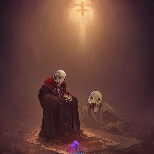 Image similar to a old necromancer resurrecting his fallen friend from dead, Grim fantasy, emotional, D&D, HDR, concept art, award winning photograph, 8k, Mucha style,