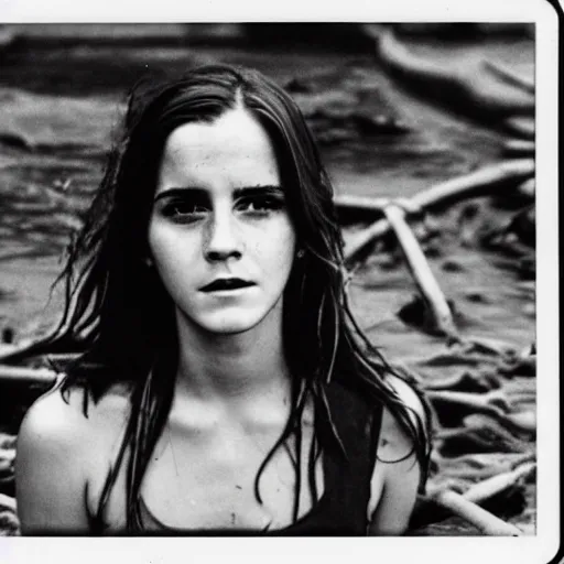 Prompt: film still, close up, emma watson rising out of muddy vietnam river, face covered in mud, low camera angle at water level, night time, film still from apocalypse now ( 1 9 7 9 ), 2 6 mm polaroid polaroid polaroid polaroid polaroid expired expired expired,