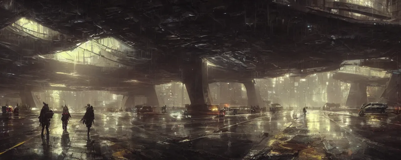 Image similar to under a highway bridge of a cyberpunk city, rain, night, flying shuttles, advertising pannels, rays of light, james gurney, greg rutkowski, unreal engine 5, artstation