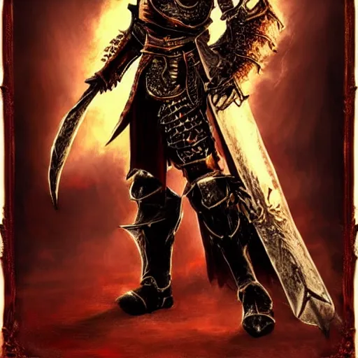 Prompt: portrait the great death knight dark souls in golden red armor made of polished dragon bones looks relaxed, quantum physics, victorian era