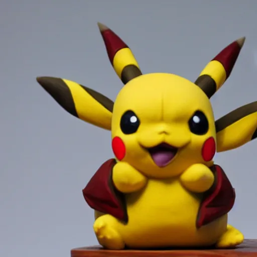 Prompt: clay sculpture of pikachu holding a gun and standing on a wooden desk, clay sculpture, 33mm, high res photo