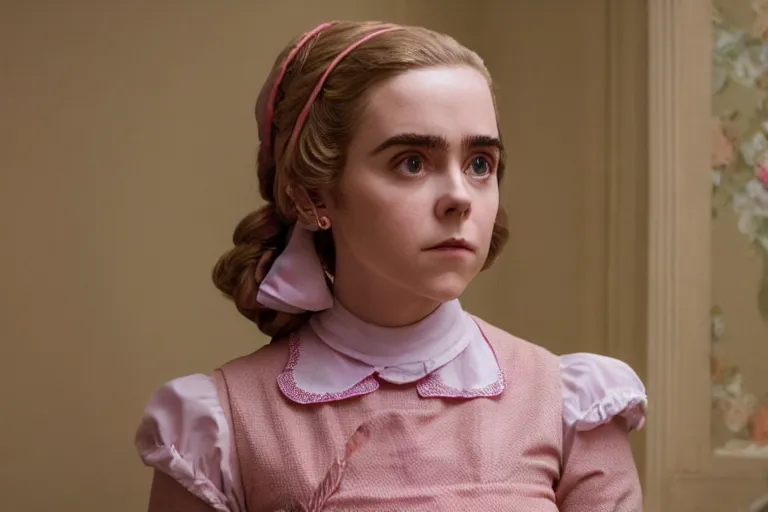 Prompt: art of Kiernan Shipka as the maid in the new movie directed by Wes Anderson, symmetrical shot, idiosyncratic, relentlessly detailed, pastel, limited colour palette, detailed face, movie still frame, promotional image, imax 70 mm footage