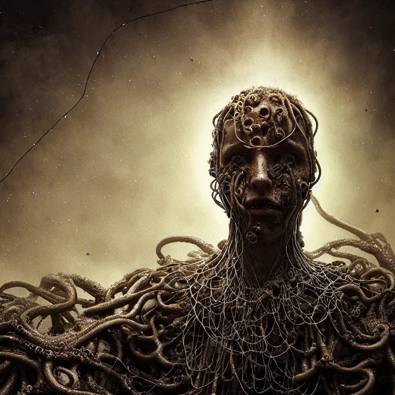 Image similar to ribbed abandoned closeup face portrait of an angel on exoplanet, covered with tentacles, roots, wires, tubes, baroque painting, standing in a desolate empty wasteland, creepy, nightmare, dream-like heavy atmosphere, surreal abandoned buildings, beautiful detailed intricate insanely detailed octane render trending on Artstation, 8K artistic photography, photorealistic, chiaroscuro, Raphael, Caravaggio, Beksinski, Giger