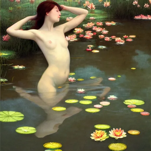 Image similar to a painting of a woman floating in a pond of water lillies, a photorealistic painting by liu jun, cgsociety, pre - raphaelitism, pre - raphaelite, deviantart, made of flowers