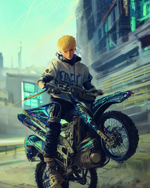 Image similar to beautiful blonde teenage boy wearing cyberpunk intricate streetwear riding dirt bike, beautiful, detailed portrait, cell shaded, 4 k, concept art, by wlop, ilya kuvshinov, artgerm, krenz cushart, greg rutkowski, pixiv. cinematic dramatic atmosphere, sharp focus, volumetric lighting, cinematic lighting, studio quality