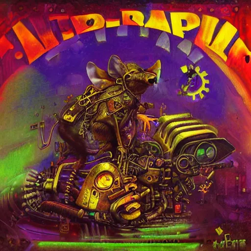 Image similar to steampunk rat, acid, 303, psychedelic, by paul lehr, cd cover for techno artist