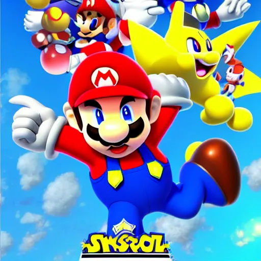 Image similar to super mario, kirby, sonic the hedgehog, super smash bros, star wars themed movie poster high detail accurate eyes and good gesture poses, pokemon anime cartoon style