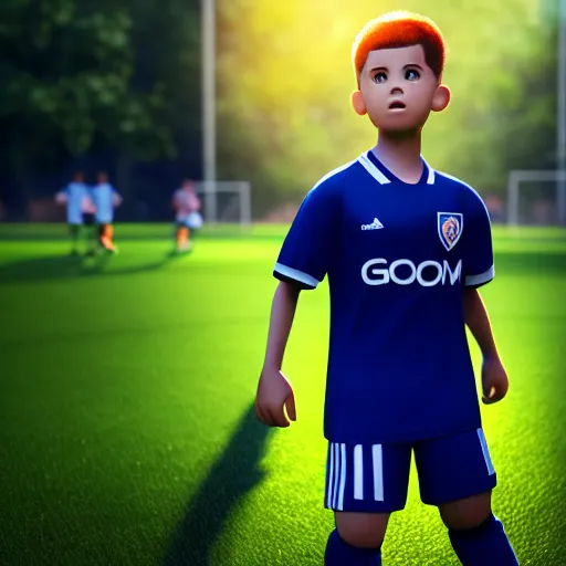 Image similar to a young boy wearing soccer clothes in the park ultra realistic, lens flare, atmosphere, glow, detailed, intricate, full of colour, cinematic lighting, trending on artstation, 4 k, hyperrealistic, focused, extreme details, unreal engine 5, cinematic, masterpiece, ultra realistic, hyper realistic, highly detailed, sharp focus, digital art