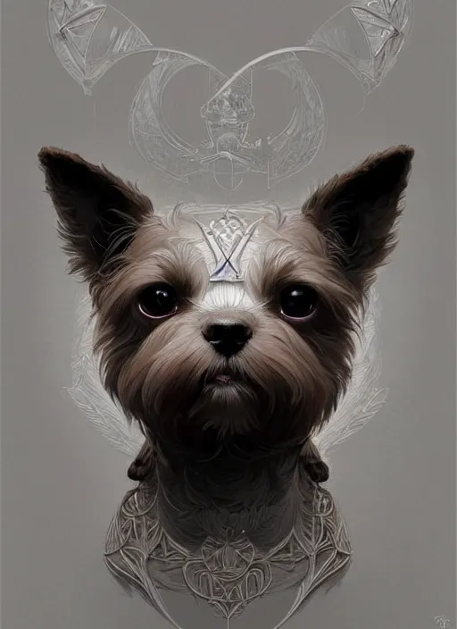 Image similar to symmetry!! portrait of a small cute dog, dnd, intricate, elegant, highly detailed, digital painting, artstation, concept art, smooth, sharp focus, illustration, art by artgerm and greg rutkowski and alphonse mucha