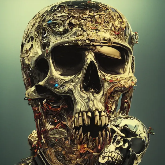 Image similar to portrait of a skull in a racing suit. intricate abstract. intricate artwork. nightmare fuel. by Tooth Wu, wlop, beeple, dan mumford. octane render, trending on artstation, greg rutkowski very coherent symmetrical artwork. cinematic, hyper realism, high detail, octane render, 8k, iridescent accents